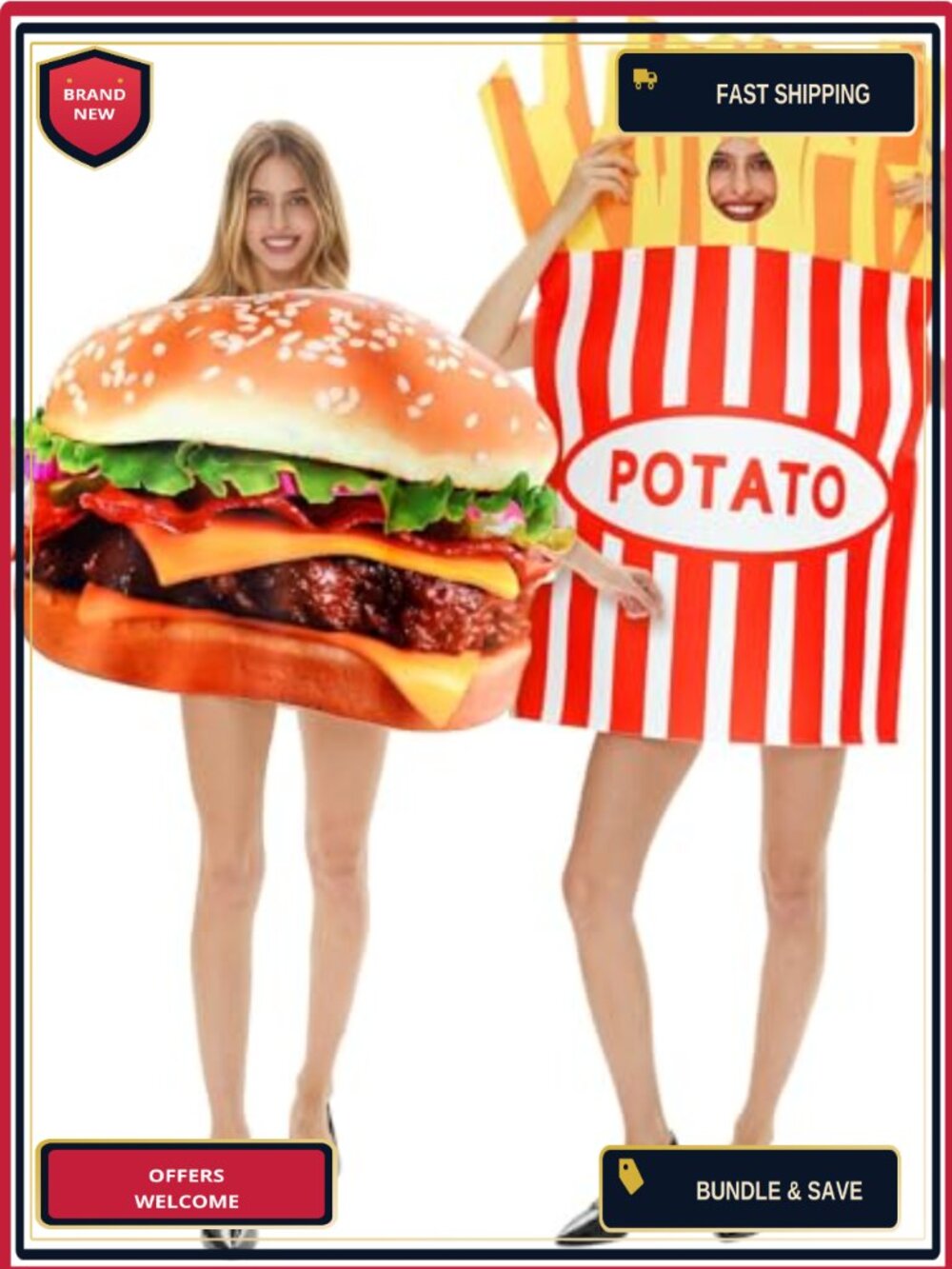 Hamburger & Fries Couple Costume Set Adult Halloween Food Theme 2 Pcs
